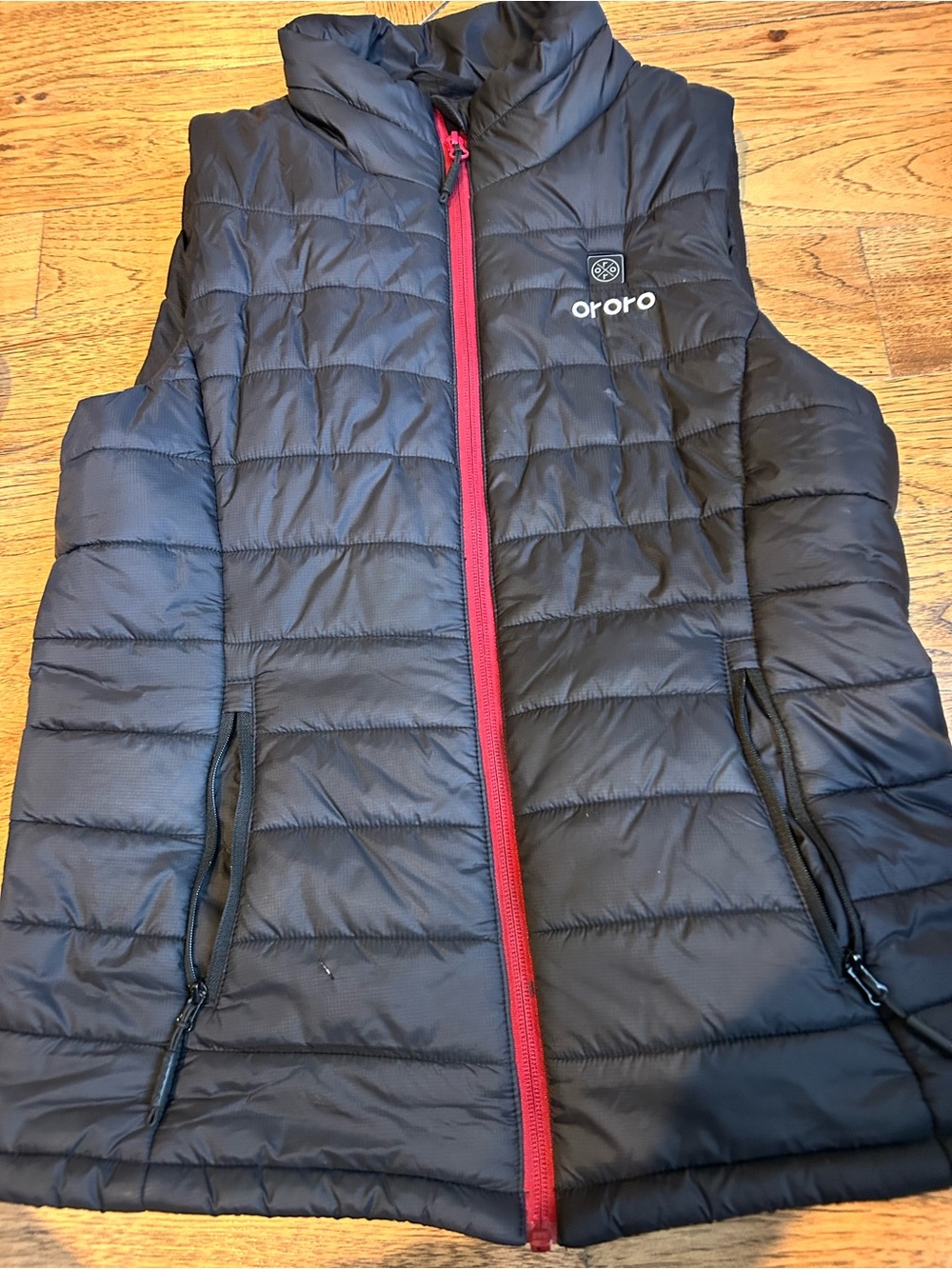 Ororo Heated Women's Black Quilted Puffer Vest with Red Zip Trim